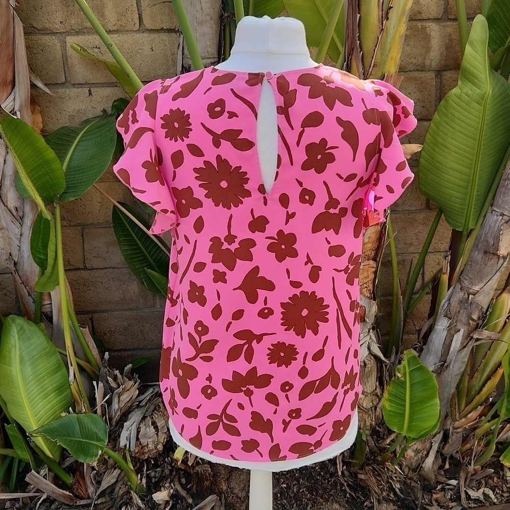 Kate Spade Splash Floral Crewneck Flutter Sleeve Keyhole Top Size S Pink Multi - Picture 3 of 7